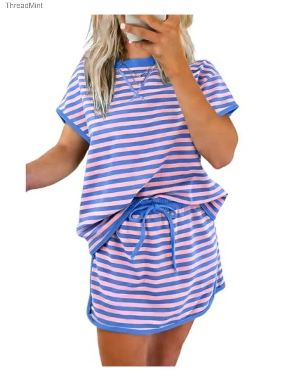 Women's 2 Piece Lounge Set Skirt & Skort Colorblock Drop Shoulder T Shirt Summer